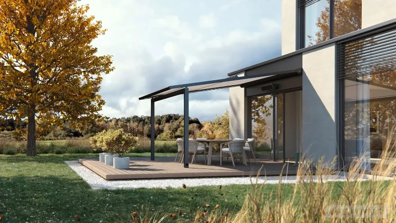 Beige Pergola-Markise über der Sitzecke