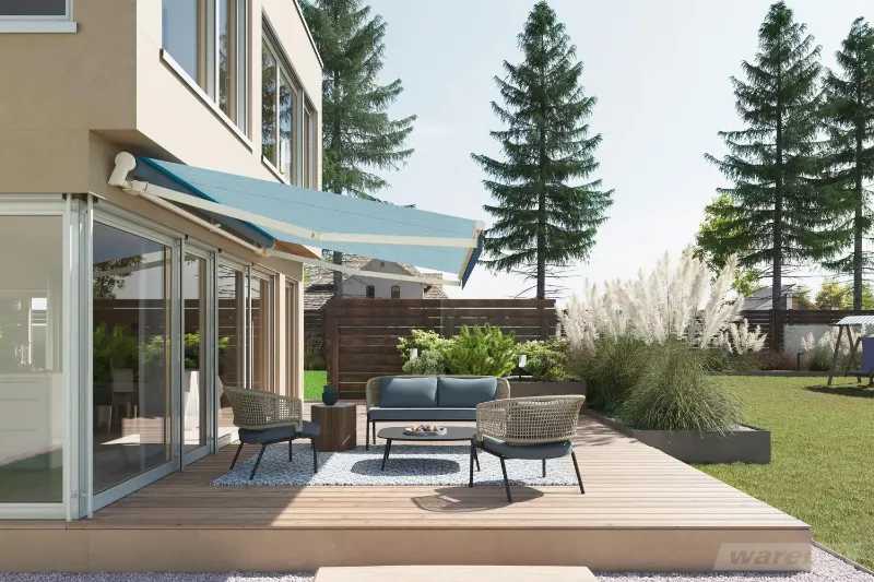 Offene Gelenkarm-Markise in blau